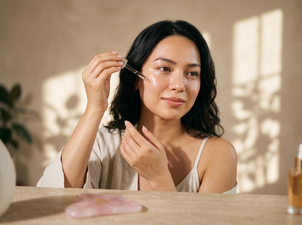 Woman applying facial oil
