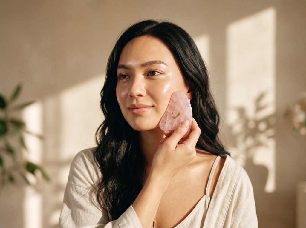 Woman gliding stone on jawline